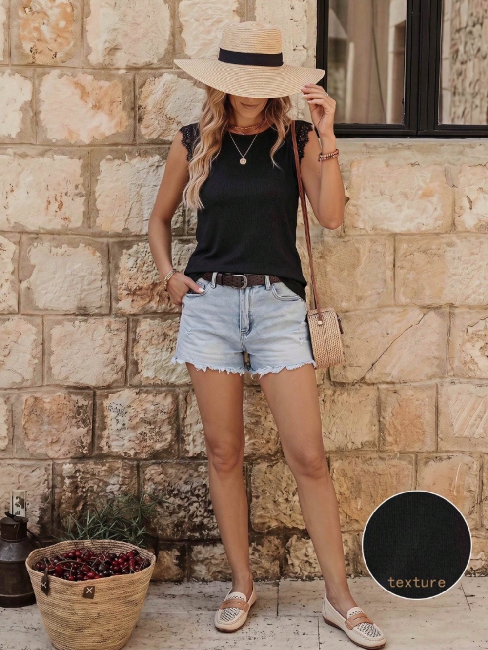 Black Rib Knit Lace Detail Tank Top Tee Shirt - Picture 2 of 9